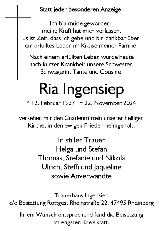 Traueranzeige von Ria Ingensiep von Rheinische Post