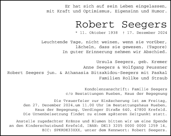 Traueranzeige von Robert Seegers von Rheinische Post