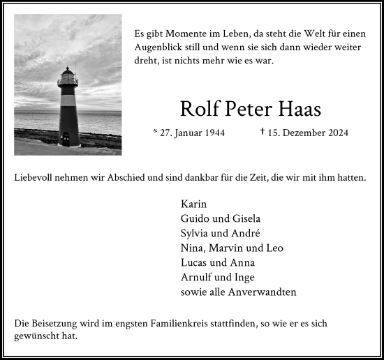 Traueranzeige von Rolf Peter Haas von Rheinische Post