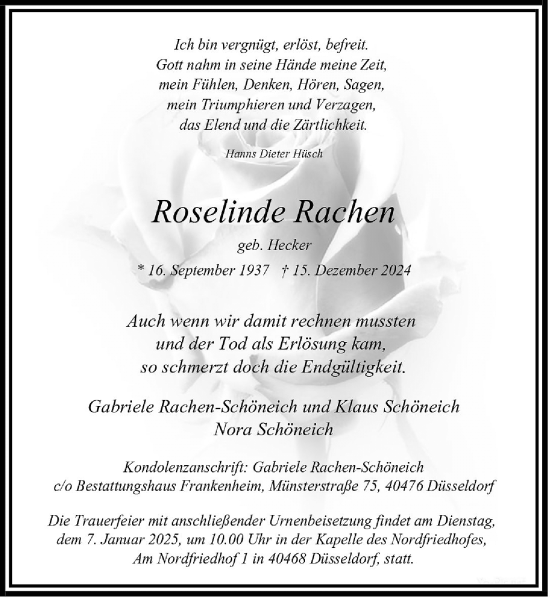 Traueranzeige von Roselinde Rachen von Rheinische Post