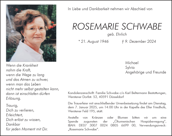 Traueranzeige von Rosemarie Schwabe von Rheinische Post