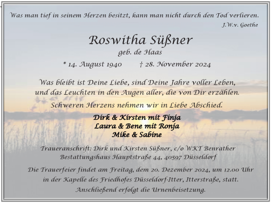 Traueranzeige von Roswitha Süßner von Rheinische Post