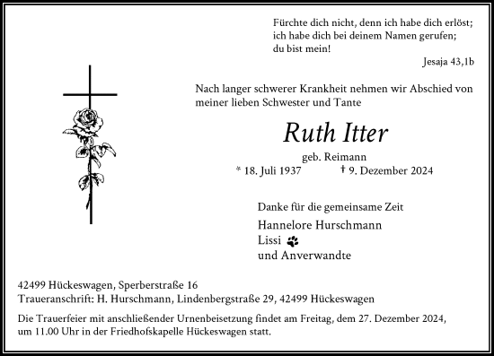 Traueranzeige von Ruth Itter von Rheinische Post