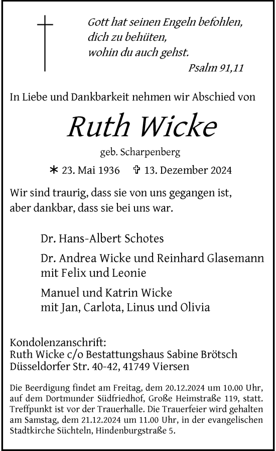 Traueranzeige von Ruth Wicke von Rheinische Post