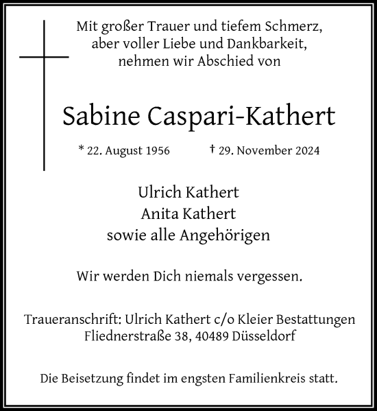 Traueranzeige von Sabine Caspari-Kathert von Rheinische Post