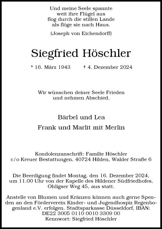 Traueranzeige von Siegfried Höschler von Rheinische Post