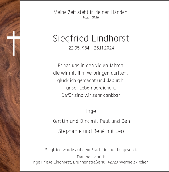 Traueranzeige von Siegfried Lindhorst von Rheinische Post