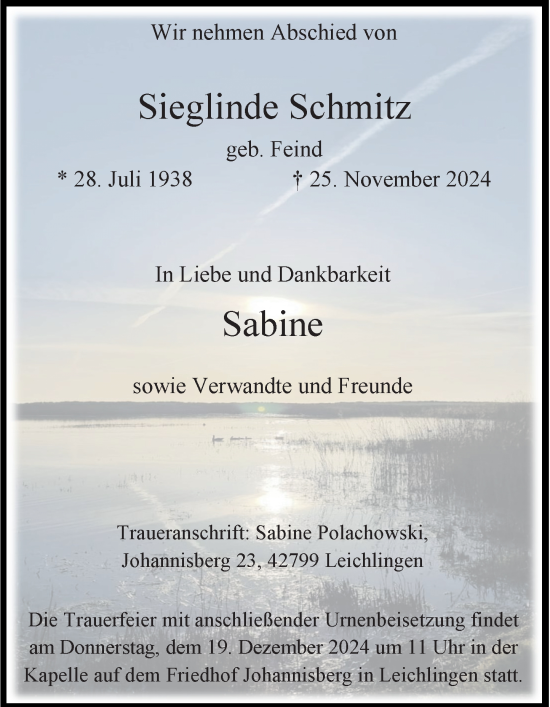 Traueranzeige von Sieglinde Schmitz von Rheinische Post