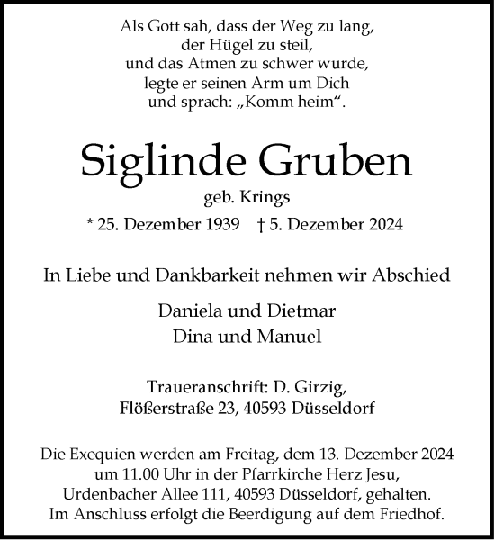 Traueranzeige von Siglinde Gruben von Rheinische Post