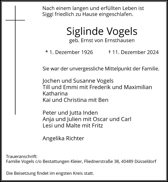 Traueranzeige von Siglinde Vogels von Rheinische Post