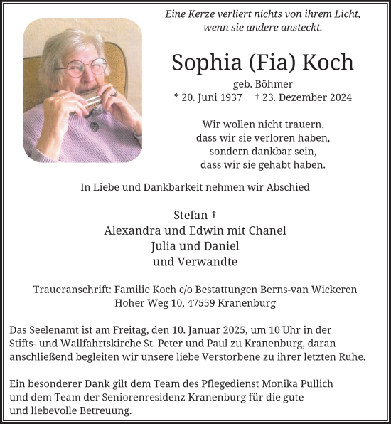 Traueranzeige von Sophia Koch von Rheinische Post