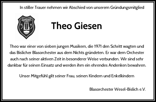 Traueranzeige von Theo Giesen von Rheinische Post