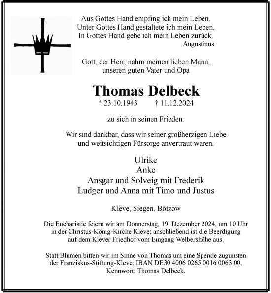 Traueranzeige von Thomas Delbeck von Rheinische Post