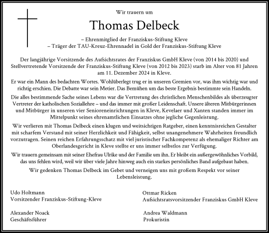 Traueranzeige von Thomas Delbeck von Rheinische Post