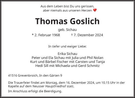 Traueranzeige von Thomas Goslich von Rheinische Post