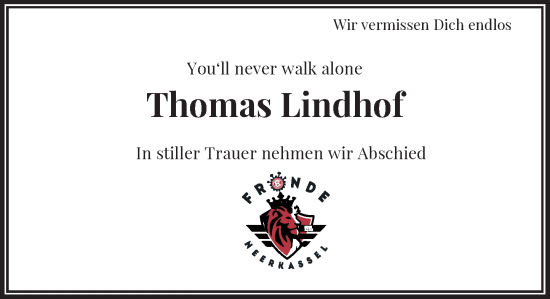 Traueranzeige von Thomas Lindhof von Rheinische Post