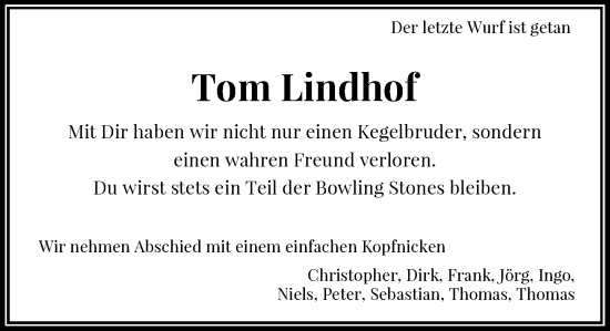 Traueranzeige von Thomas Lindhof von Rheinische Post