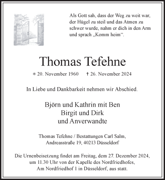 Traueranzeige von Thomas Tefehne von Rheinische Post