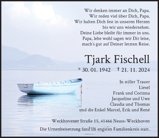 Traueranzeige von Tjark Fischell von Rheinische Post