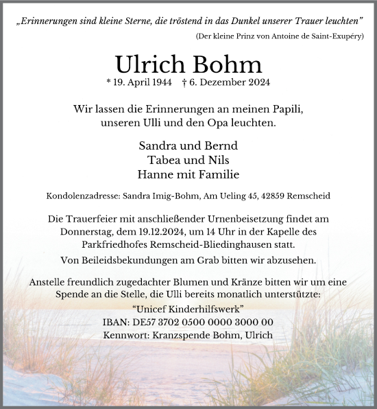 Traueranzeige von Ulrich Bohm von Rheinische Post