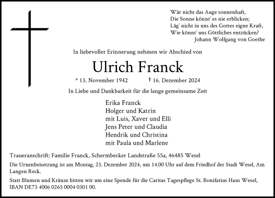 Traueranzeige von Ulrich Franck von Rheinische Post