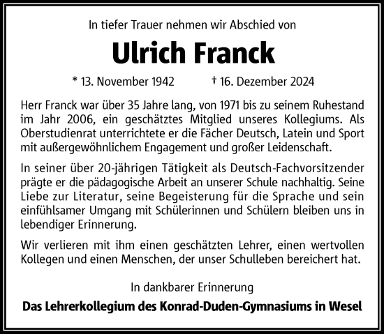 Traueranzeige von Ulrich Franck von Rheinische Post