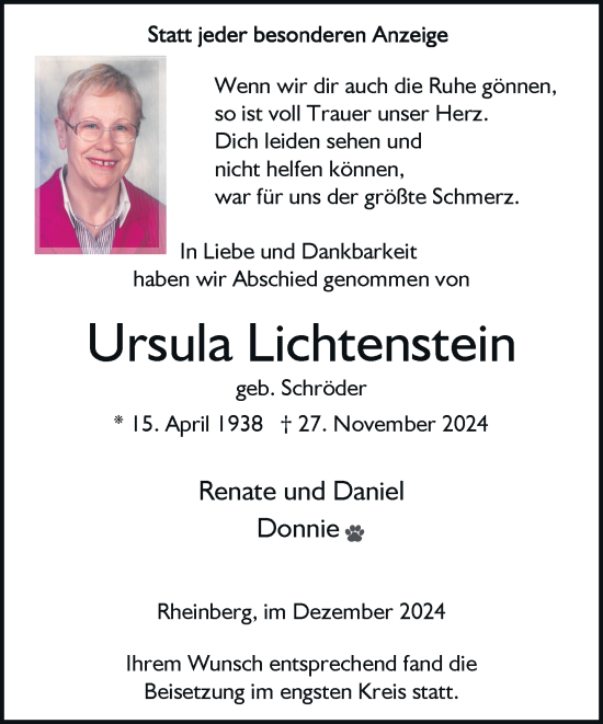 Traueranzeige von Ursula Lichtenstein von Rheinische Post