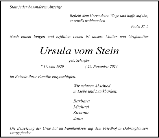 Traueranzeige von Ursula vom Stein von Rheinische Post