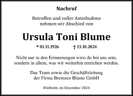 Traueranzeige von Ursula Toni Blume von Rheinische Post