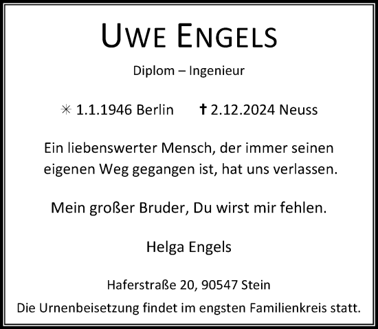 Traueranzeige von Uwe Engels von Rheinische Post