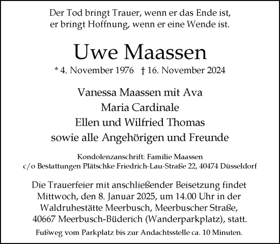 Traueranzeige von Uwe Maassen von Rheinische Post