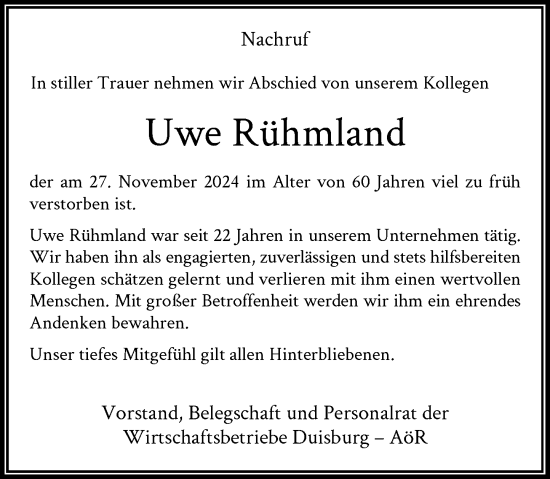 Traueranzeige von Uwe Rühmland von Rheinische Post