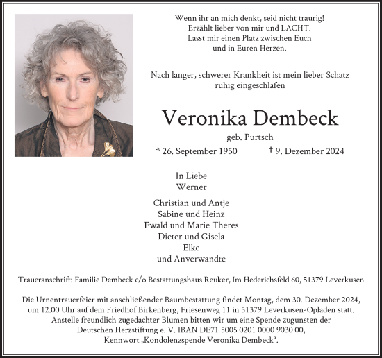 Traueranzeige von Veronika Dembeck von Rheinische Post