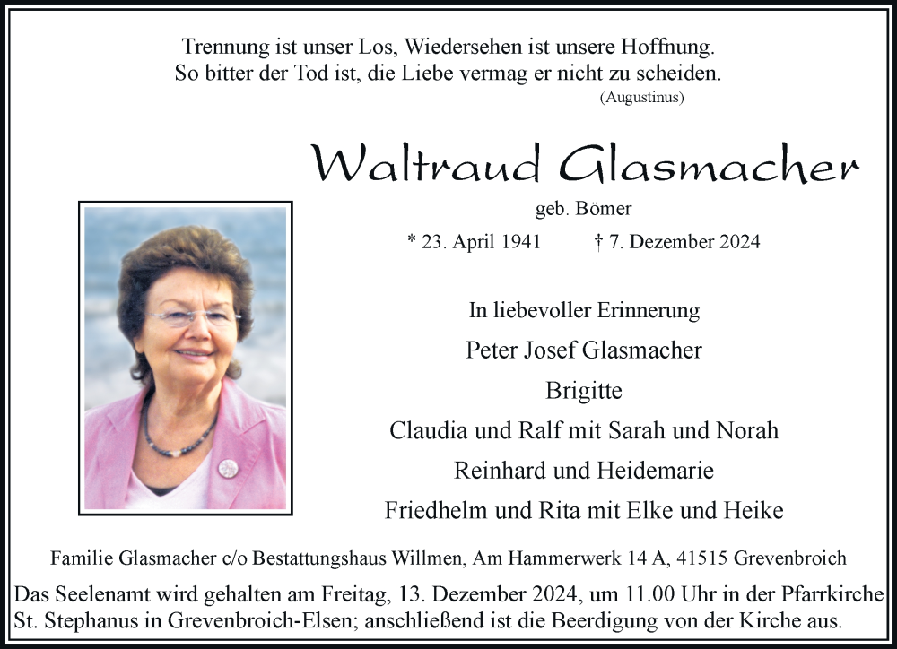  Traueranzeige für Waltraud Glasmacher vom 10.12.2024 aus Rheinische Post