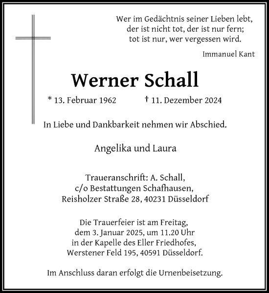 Traueranzeige von Werner Schall von Rheinische Post