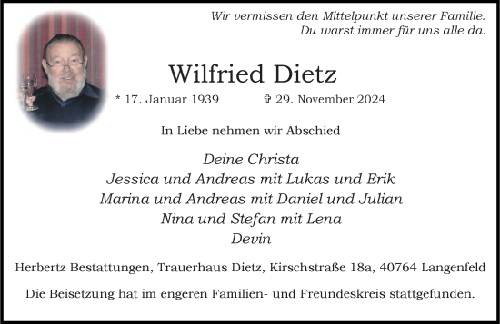 Traueranzeige von Wilfried Dietz von Rheinische Post