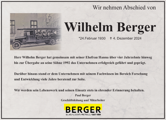 Traueranzeige von Wilhelm Berger von Rheinische Post