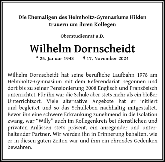 Traueranzeige von Wilhelm Dornscheidt von Rheinische Post