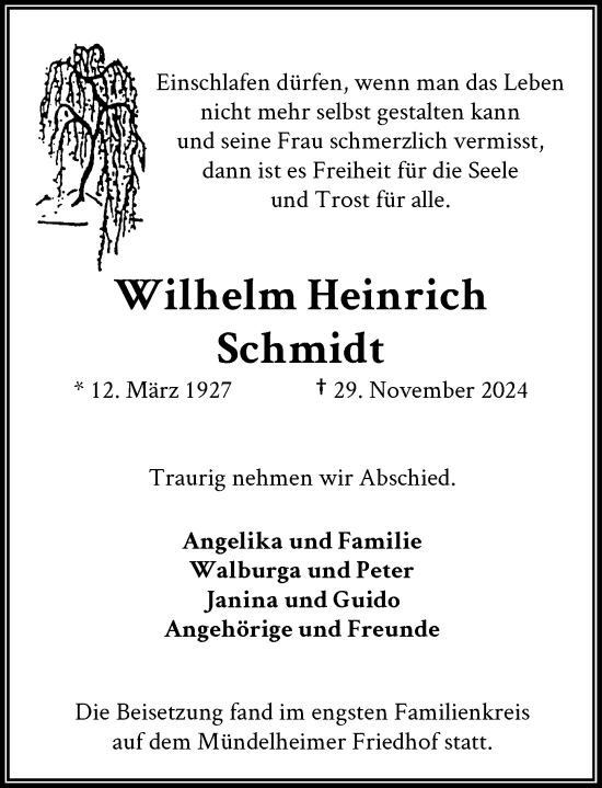 Traueranzeige von Wilhelm Heinrich Schmidt von Rheinische Post