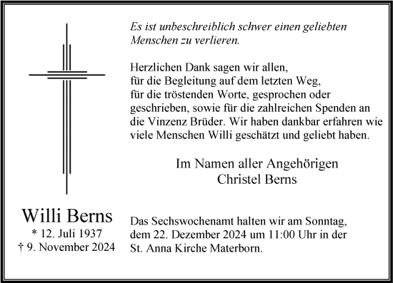 Traueranzeige von Willi Berns von Rheinische Post