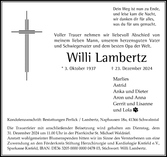 Traueranzeige von Willi Lambertz von Rheinische Post