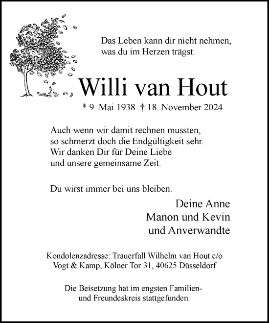 Traueranzeige von Willi van Hout von Rheinische Post