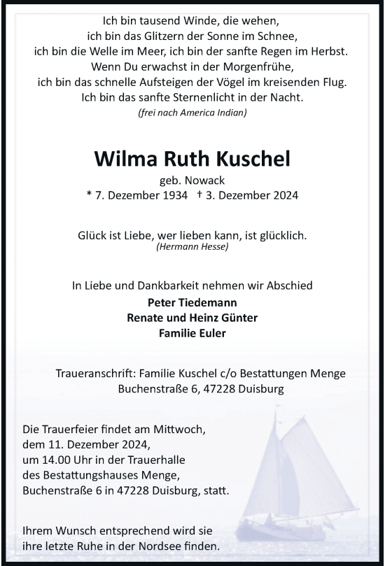 Alle Traueranzeigen Für Wilma Ruth Kuschel | Trauer.rp-online.de