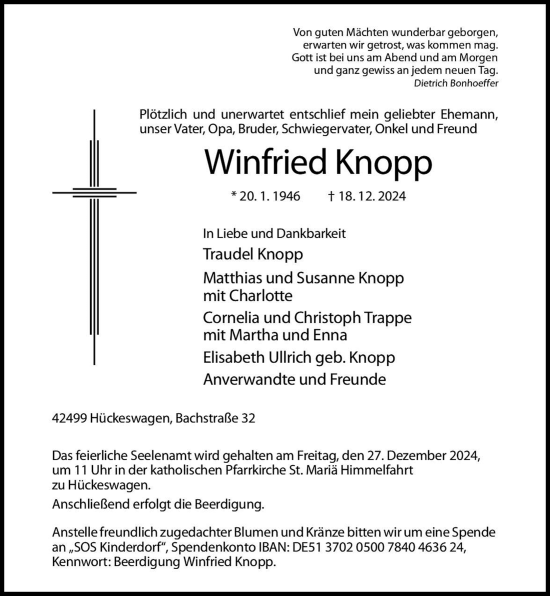 Traueranzeige von Winfried Knopp von Rheinische Post