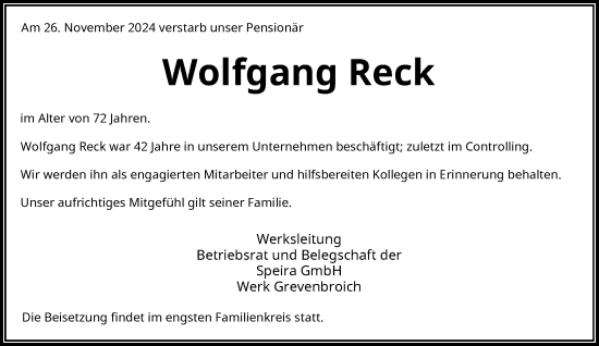 Traueranzeige von Wolfgang Reck von Rheinische Post