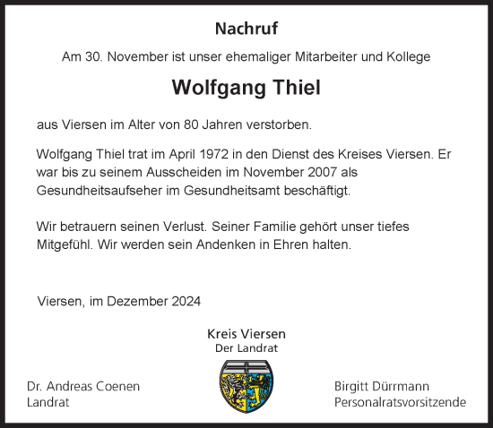 Traueranzeige von Wolfgang Thiel von Rheinische Post