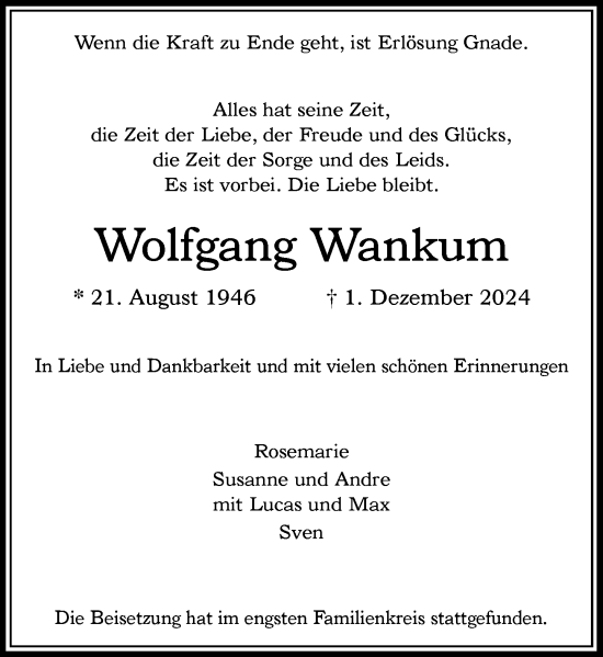 Traueranzeige von Wolfgang Wankum von Rheinische Post