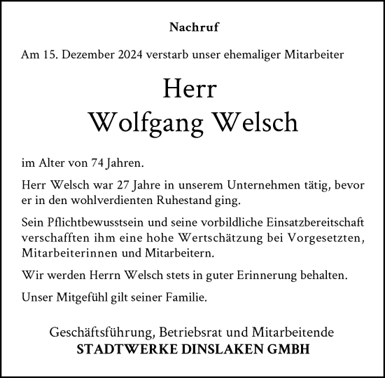 Traueranzeige von Wolfgang Welsch von Rheinische Post