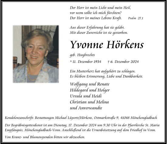 Traueranzeige von Yvonne Hörkens von Rheinische Post