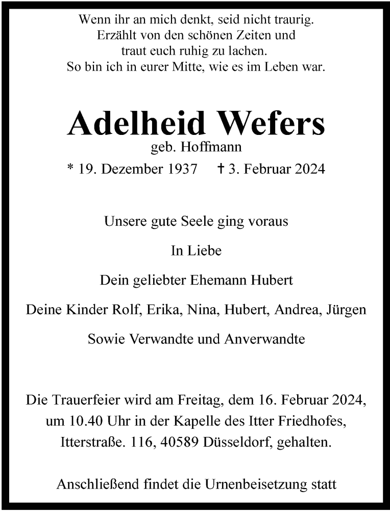  Traueranzeige für Adelheid Wefers vom 10.02.2024 aus Rheinische Post